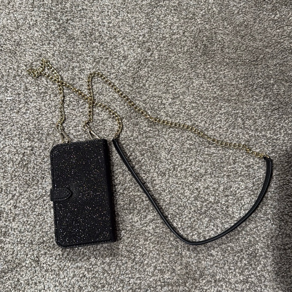 KATE SPADE Black Glitter Magnetic Folio iPhone 12 Mini On A Chain Crossbody